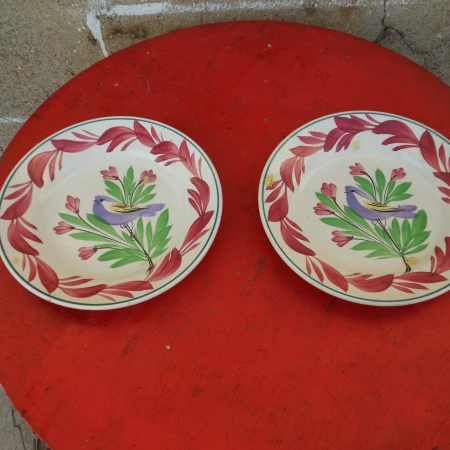 Paire d'assiettes décor "aux oiseaux" de Sarreguemines. broc_du_sud